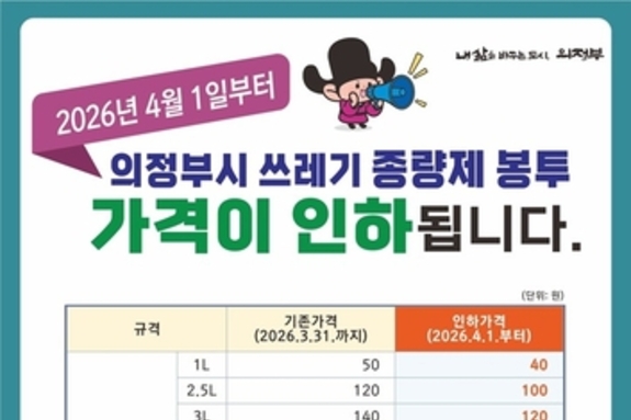 의정부시, 4월 1일부터 종량제봉투 가격 인하